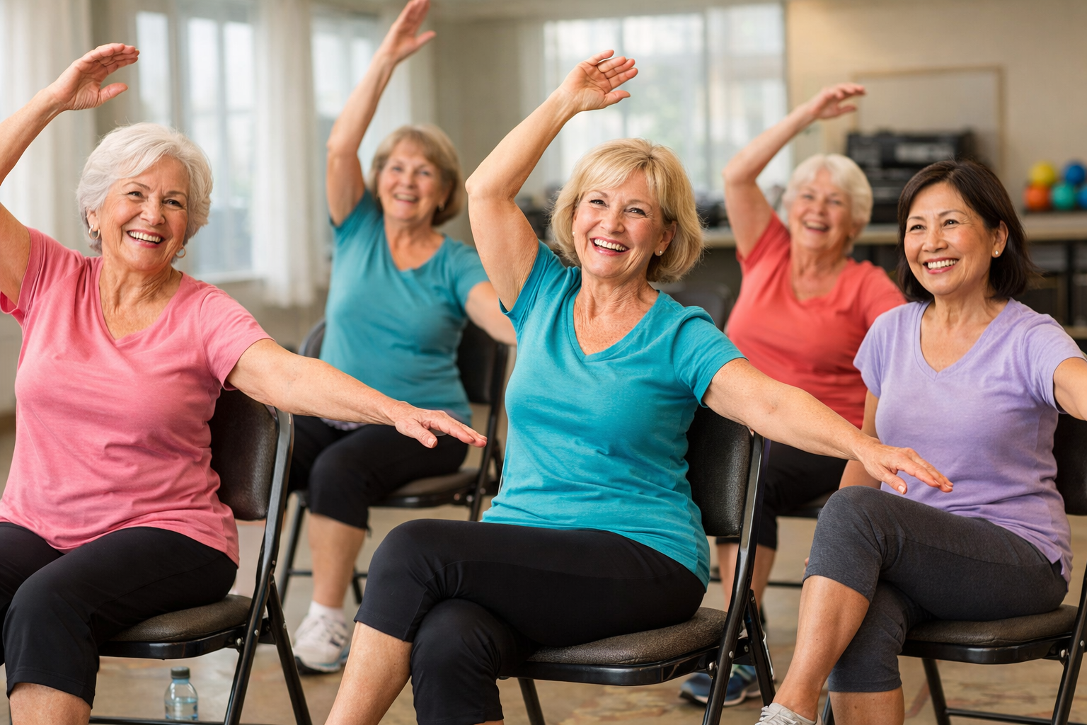 Seniors exercising in chairs with smiles
